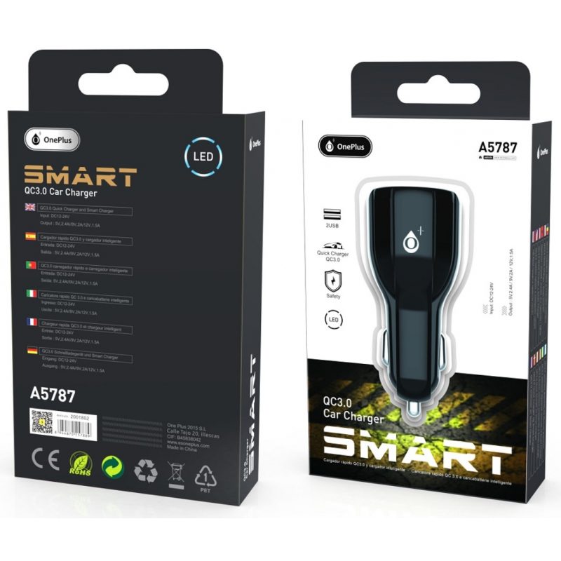 Cargador Para Auto One Plus 2 Puertos USB Carga Rápida y Smart 2.4A 2